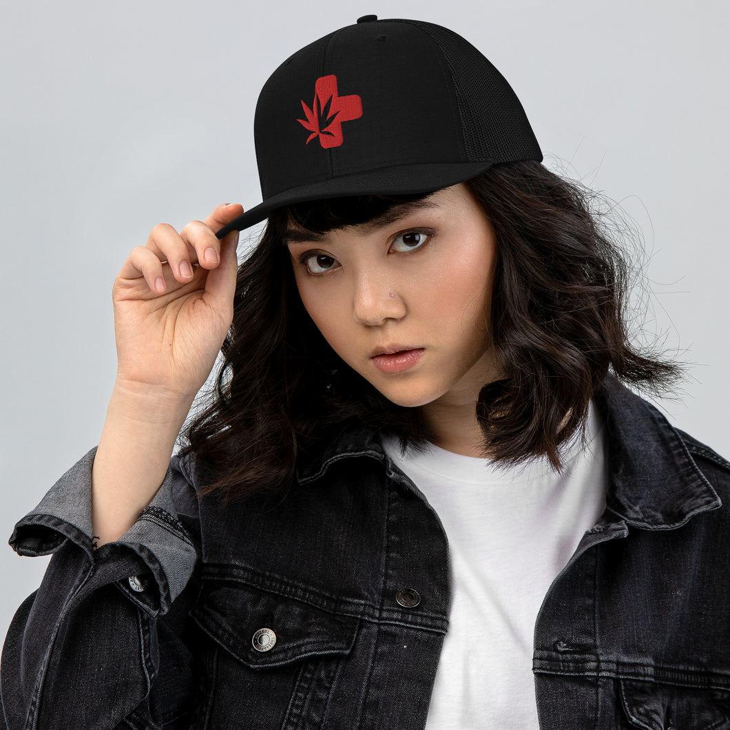 Black AttitudeSwagger Trucker Cap with embroidered red logo
